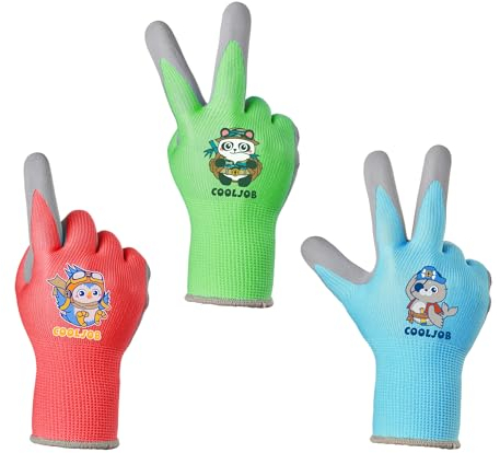 COOLJOB Kinderhandschuhe, 3 Paar Gartenhandschuhe für Kinder, rutschfeste Latexbeschichtung, Kinder-Arbeitshandschuhe 6-8 jahre (Jungen Größe M)