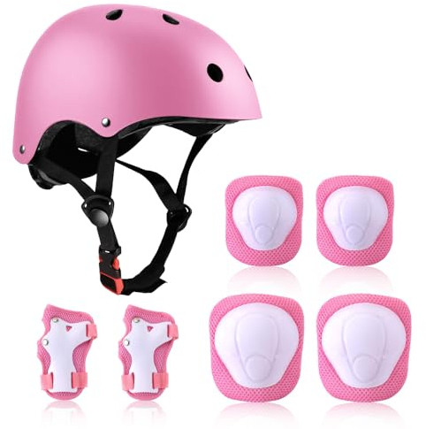 NICEWAT Set de Protección 7 en 1 para Niños - Casco 3-7 Años, Rodillera, para Monopatín, Ciclismo, Patinaje (Rosa)