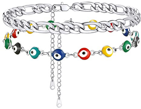 Supcare 3:1 Figaro-Fußkettchen Mädchen Mehrfarbige Evil Eye Fußketten Charm Bösen Blick Nazar Boncuk Doppelt Fußband Casual Hip Hop Mode Lucky Amulett Schutz Glücksschmuck für Dating Strand