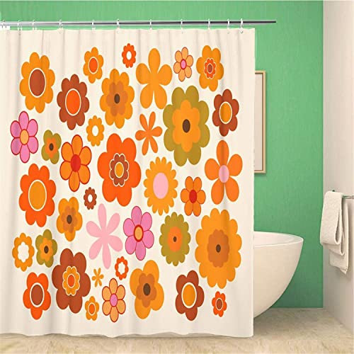 MEKPAM Rideau De Douche Orange Vintage Fleurs Vert Rétro Années 70 Imperméable Polyester Salle De Bain Décor Rideau Ensemble avec Crochets 180x180cm