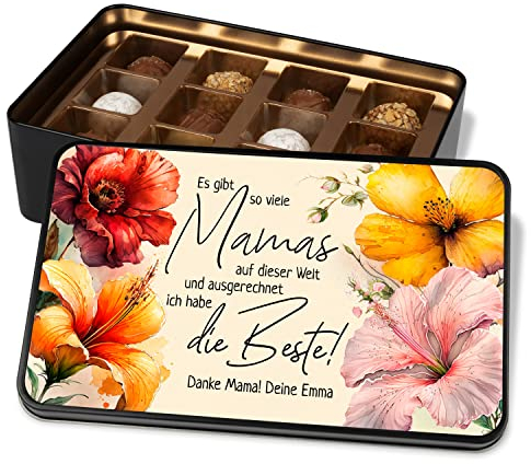 Pralinendose personalisiert „Es gibt so viele Mamas – ich habe die Beste!“ – Metalldose mit 12 Pralinen – Schokolade Geschenk für Mama - Geschenk Geburtstag Muttertag Weihnachten