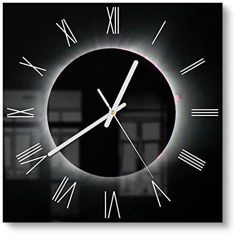 DEQORI Glasuhr | 30x30 cm | Motiv Sonnenfinsternis | ausgefallene leise Design Uhr aus Glas | Wanduhr für Wohnzimmer & Küche | moderne Hingucker Uhr für die Wand