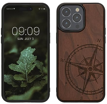 kwmobile Hülle kompatibel mit iPhone 15 Pro Max Hülle - Holz Case - Handy Cover - TPU Handyhülle in Dunkelbraun Kompass Vintage