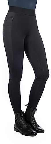 HKM Damen Reitleggings Isabella mit Silikon-Vollbesatz |Damen-Reithose mit Handytaschen Links und rechts und Reißverschlusstasche | Bequemer Komfortbund | schwarz