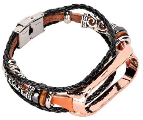 Geflochtenes Leder Armband Für Fitness Tracker, Buntes Wasserdichtes Vintage Armband Ersatz Für Mi Band 6 NFC/5 NFC, Kompatibel Mit Mi Band 5, Mi Band 6 (Braunes Gold)