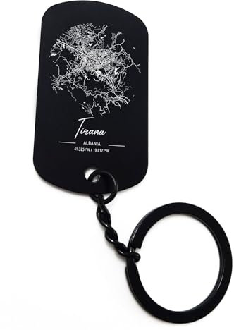 ENTROPIJA Tirana Albanien Koordinaten Stadtkarte Lasergravur Schlüsselanhänger Kunst Klassisch Schwarz Schlüsselanhänger Stahl Tag, Schwarz , One size