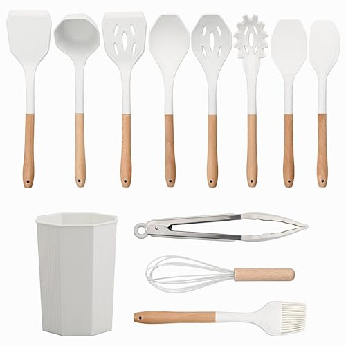 Volumoon 12pcs Juego de Utensilios de Cocina de Silicona, Antiadherente, Resistentes al Calor, Espatulas Silicona Cocina con Mango de Madera, Tongs, Whisk, Soporte, Aptos para Lavavajillas (Blanco)