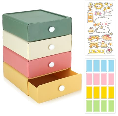4 PCS Escritorio Cajonera Armario Interior, Cajonera Plastico Apilable con 4 Cajones, Organizador Cajones Cocina con 2 Pestañas para Oficina Material de Papelería, Dormitorio, Baño (4 Cajones)