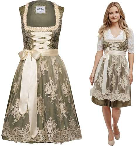 HOFGLANZ® Traditionelles Dirndl Damen [GRÜN & BEIGE] - Hochwertiges 2-teiliges Trachtenkleid Damen mit eleganter Dirndlschürze - Trachten - Midi Dirndl für Oktoberfest & Volksfeste - (Größe 30-52)