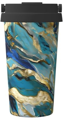 Azurit azul verde y papel de aluminio, patrón de mármol, patrón de mármol, taza de café con impresión de 475 ml, a prueba de fugas con tapa, termo de café, para regalo o uso diario