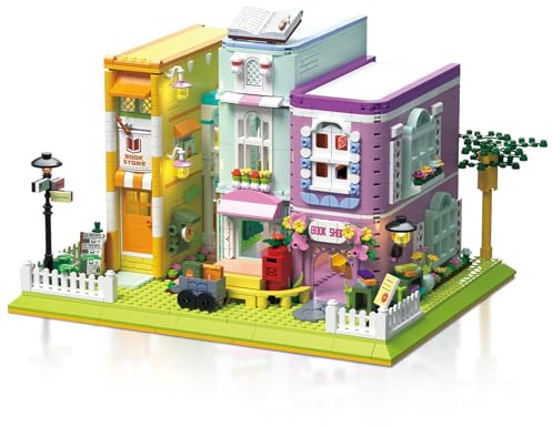 Hallisun Kaffee Buchhandlung Bauklötze Set, Buchladen Mini Baustein Bausatz, Streetscape Creative Construction Blocks Set, für Kinder ab 8 Jahren, Jungen und Mädchen, Bildungsspielzeug, 1699 Stück