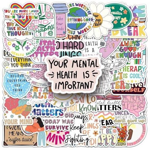100Pcs Mental Health Stickers for Helmet,Water Bottle,Car,Laptop,Scrapbook,Skateboard, Luggage,Waterproof Mental Health Awareness Vinyl Sticker,Adults Children Gift,Cartoon Cute Graffiti Decals
