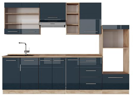 Vicco Küchenzeile Fame-Line, Dunkelblau Hochglanz/Goldkraft Eiche, 280 cm, AP Marmor
