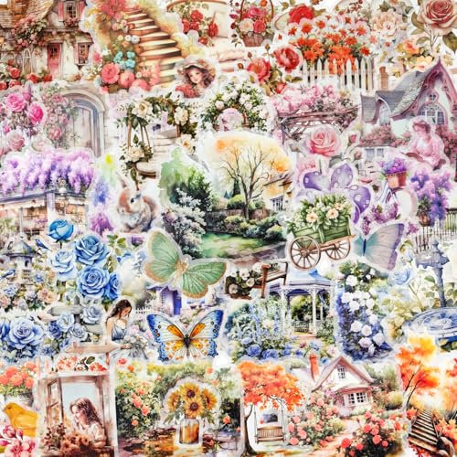 180 Blätter Blumen Scrapbook Sticker, PET Vintage Flowers Aufkleber Set, Transparente Scrapbook Zubehör Wasserfeste, Garten Aesthetic Sticker für Scrapbook Accessories DIY Kunst Album Notizbuc