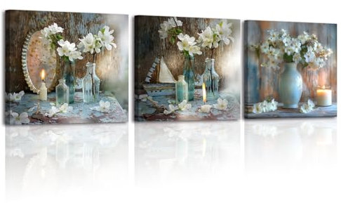 Piy Painting Impression Sur Toile Fleur Blanche Tableau, Tableaux Sur Toile De Fleurs Pures, Tableaux Modernes Romantiques Pour Salon Chambre à Coucher, Cadeau d'Anniversaire, 3 Pièces, 30x30 Cm