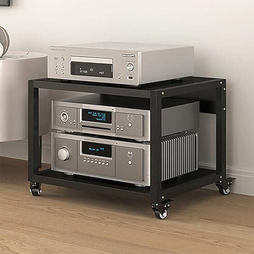 Mobile Audio Rack with Adjustable Shelves and Universal Wheels Carbon Steel Frame Galvanized Steel Plate Video Storage Stand for AV Media Equipment (2 Tier 50x40x35CM)