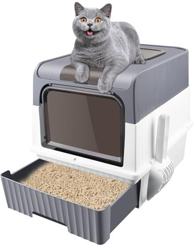 Katzentoilette | Katzentoilette mit Deckel, faltbare Katzentoilette mit Schublade und Schaufel | leicht zu reinigen | PP + PS (F, Grau)