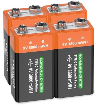 FLSTOR 9V Akku, 3800mWh 9 Volts Li-Ion Wiederaufladbare Blockbatterie für Spielzeug, Kameras, Sicherheitsgeräte, Musikinstrumente, Industrieelektronik, Haushaltsgeräte und mehr, mit Kabel, 4 Stück