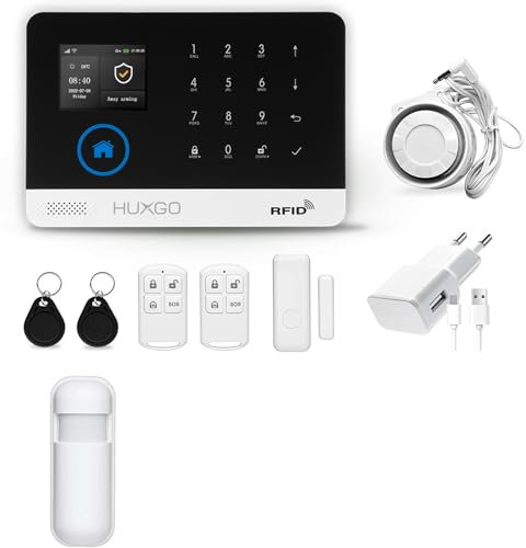 HUXGO, HXA003, Sistema de Alarma inalámbrico WiFi + gsm con 1x Sensor de Movimiento, Alarma para Oficina, casa Control a través del teléfono, por SMS, aplicación Tuya Smart, Idioma Espańol