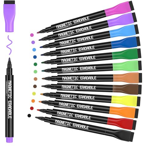 12pcs Colorful Magnetic Whiteboard Markers,1mm Fine Tip White Board Pens | Erasable Dry Erase Marker for Office School Home Low Odor Fine Dry Wipe Pen for Dry Erase Boards, Calendars, Mirrors
