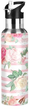 White Pink Stripes Roses - Botella de agua de acero inoxidable de 20 onzas, a prueba de fugas, botella de agua deportiva sin BPA