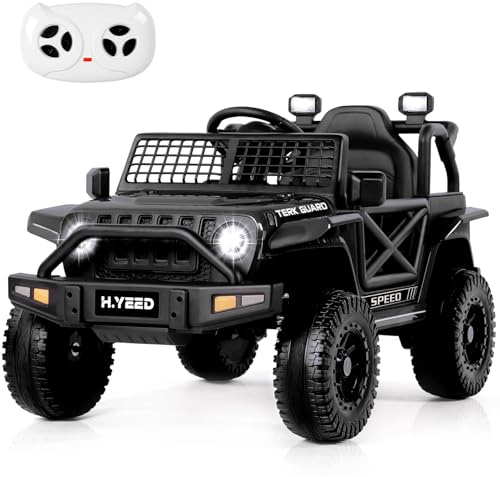 H.yeed 12V Kids Electric Ride on Car for 3-8, 2 Motors Off Road Truck with 2.4G Remote Control, LED Lights, Music, Horn & Wireless Connection, Battery Powered Ride on Toy for Boys Girls (Black)