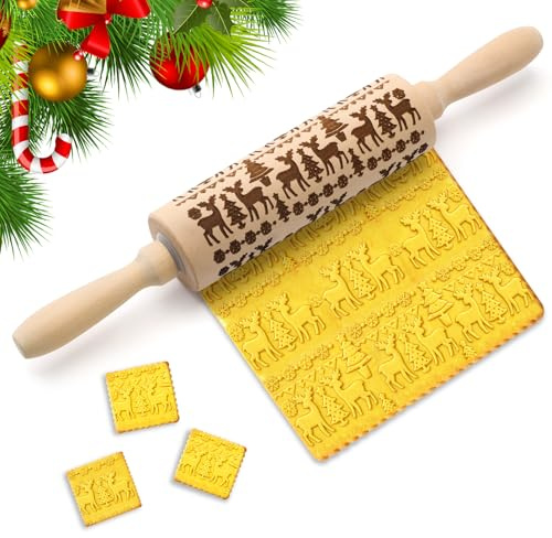 Mattarello di Natale, Mattarello Natalizio in Legno, Mattarellos Decorativo per Biscotti, Mattarellos Inciso, Mattarelloes in Legno 3D per DIY Biscotti, Fondente, Pasta