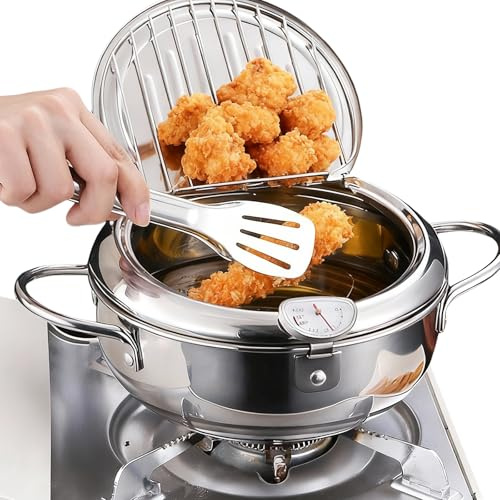 Behogan Friteuse de style japonais Tempura 2,2 l 20 cm Friteuse japonaise avec thermomètre, marmite en acier inoxydable 304 pour la cuisine, les frites, les ailes de poulet