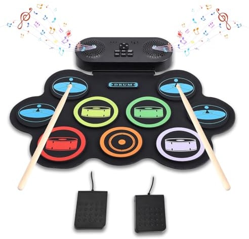 Yapasopu Kinder Schlagzeug Elektronisch mit 9 Pads,2 Stereolautsprecher,E-drum Set pocket drum，Elektronisches Schlagzeug E Drums mit 2 Fußpedalen & USB Wiederaufladbar für Kinder und Anfänger