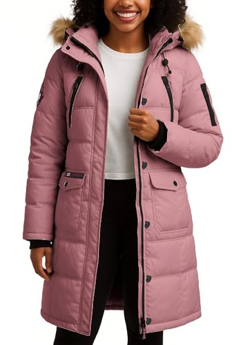 CANADA WEATHER GEAR Womens Long Puffer Coat - Heavyweight Wind Water Resistant Faux Fur Hood Parka Winter Jackets for Women, Size Small, Pink Haze