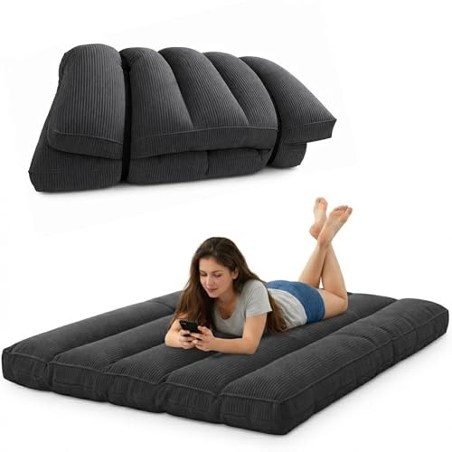 Bananair - Futón Japonés Enrollable 2 Personas, Grueso y Cómodo, Fabricado en Francia, Funda Lavable, Cama Plegable de Suelo Práctica – Colchón Plegable, Correa de Incluida (140 × 190 cm, Gris Oscuro)