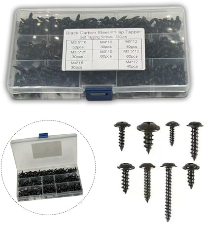 340 viti autofilettanti in acciaio al carbonio nero, set di viti M3 e M4, viti a testa bombata nere, viti per legno nere, adatte per plastica, metallo e legno