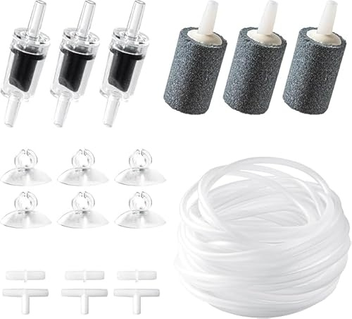 Aquarium Air Line Kit, Air Pump Aquarium Accessories, with Black Air Stone, 10m Air Line Hose, Check Valve, Suction Cup, White Connectors