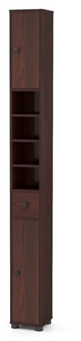 GOPLUS Armario Alto para Baño, Armario de Almacenamiento Estrecho con 1 Cajón, 5 Estantes Ajustables, Estructura Antideslizante, Mueble Columna para Baño, Dormitorio (Marrón Oscuro)