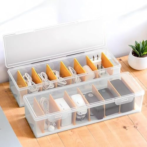 Reicyfang 2 Pcs Cable Storage Box, 7 Compartment Data Tidy, Cable Tidy Management Box Transparent Cord Organiser for Wire and Charger Storage