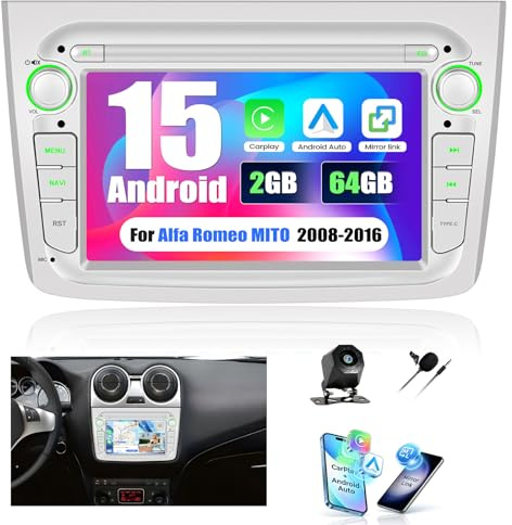 CAMECHO 2G+64G Android 15 Autoradio für Alfa Romeo MITO 2008-2016 mit Navi Carplay Android Auto, 7'' Bildschirm Doppel Din Carplay Radio mit Bluetooth5.0 FM/RDS SWC+Rückfahrkamera