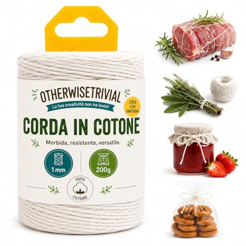 Spago in Cotone 1mm x 200g - Bobina di Corda in Cotone Naturale,Ideale in Cucina, Resistente per Giardinaggio, Imballaggi e Fai da Te