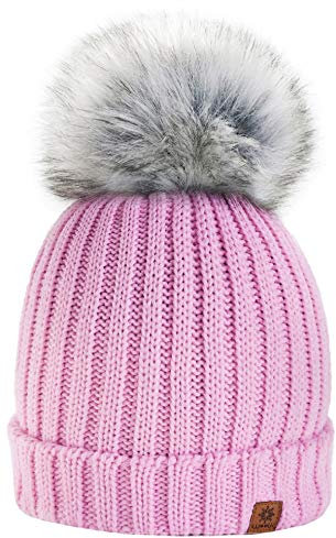 4sold Kinder Mütze Kleinkind Beanie Bobble Hat Baumwollfutter Kunstpelz Ball Pom Pom Cap Unisex Mädchen & Jungen Kinder Winter Strickmütze Bommelmütze Wurm