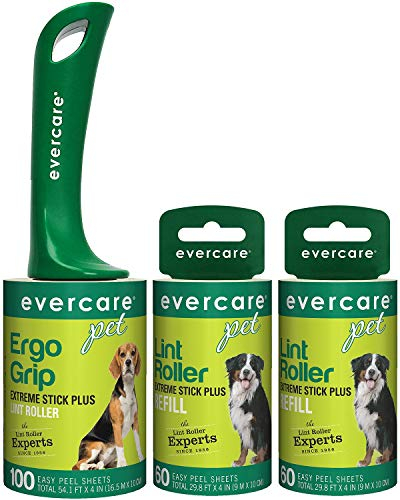Evercare Pet Hair Extra Sticky Lint Roller with 2 Refills, New ERGO GRIP, 220 Total Sheets