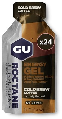 GU Roctane Energy Gels, Cold Brew Coffee 24 Pack - 100 Calorie Energy Gel with Carbohydrates, Caffeine, BCAAs and Electrolytes - Pre-Workout Fuel for Running, Cycling, Triathlon and Endurance Sports