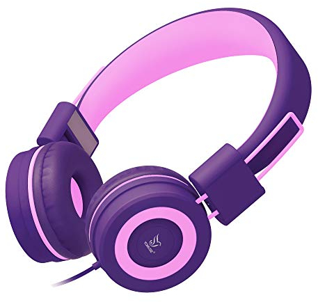 Yomuse C89 Kids Headphones, Wired Headphone without Microphone, On Ear Headphone with Adjustable, 3.5mm Aux Nylon Cable, Foldable Headphones for School Travel Girls Boys (Pink Purple)