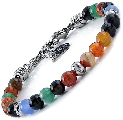 10:10 Edelstahlarmband und 6 mm natürliche mehrfarbige Achatsteine, Armband für Männer und Frauen. Verstellbares Armband Made in Italy…