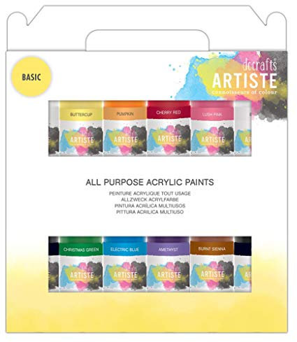 Artiste Acrylic Paint Set Pack of 12 x 59ml 2oz - Basic Colours, Quick-Drying Professional Art and Hobby Craft Artists Paint, Water-Based Paints Cover All Surfaces with Ease, Ideal for Travel Artists