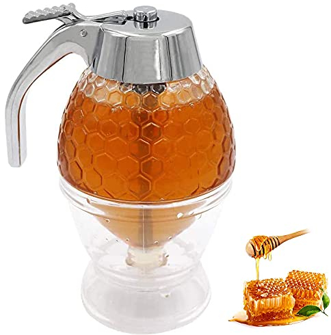 Pots à Miel, Miel Distributeur, Récipient de Sirop, Miel Stockage Récipient, Sirop Stockage Bouteille, avec Support de Rangement, pour Servir du Miel et du Sirop, Sans Goutte, Débit Modéré (200 ml)