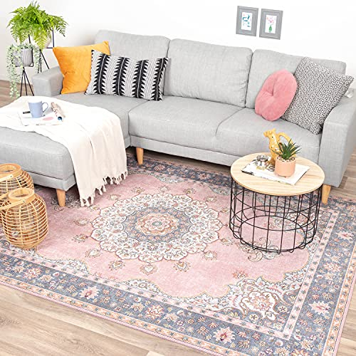 FRAAI | Home & Living Teppich Vintage - Lily Medaillon Rosa - Baumwolle, Polyester - Flachgewebe - Vintage - Wohnzimmer, Esszimmer, Schlafzimmer - Carpet