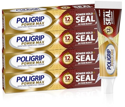 Poligrip Power Max Power Hold plus Seal Denture Adhesive Cream, Denture Cream for Secure Hold and Food Seal, Flavor Free - 2.2 oz (Pack of 4)