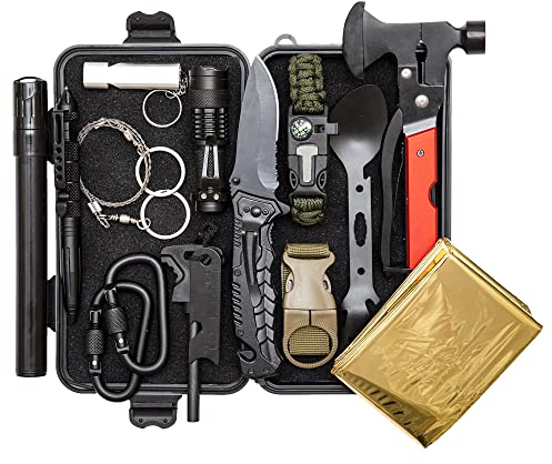 ALTAITREK PRO Kit Sopravvivenza con Coltello, Coperta Termica, acciarino, Penna Difesa Personale, Ascia Multifunzione | Per Campeggio, Soccorso | L'unico con Filtro Acqua Emergenza. Survival