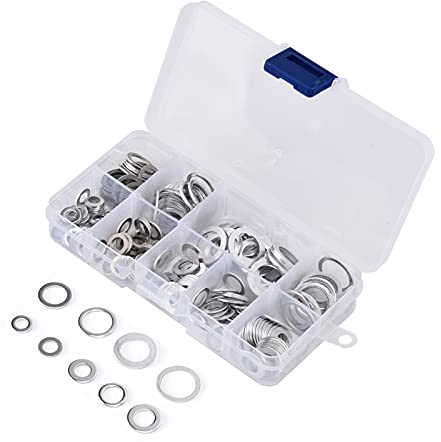 Nimomo Arandela plana 200 piezas Surtido de arandelas de reparación redondas Juego de accesorios de aluminio resistente a altas temperaturas Juego de juntas planas y de bloqueo para mantenimiento