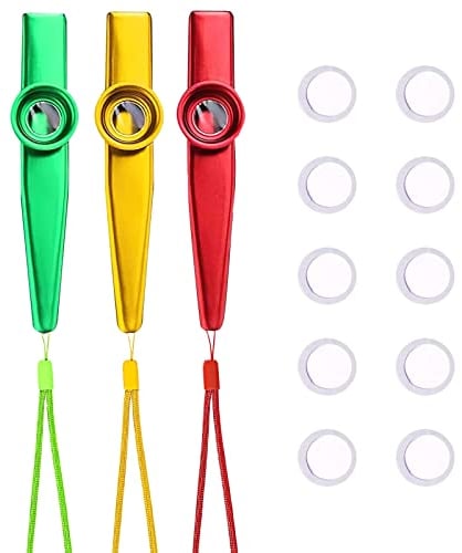 Kazoos Metall, Kazoo Musik Instrument, Kazoo, Kasu Musikinstrumente, Kazoo Instrument Set, mit 10 Flötenmembranen und 3 Lanyards, für Kinder Musikliebhaber(Gold, Rot, Grün), Butyeak