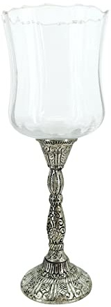 DARO DEKO Glas Windlicht auf Metall Standfuß Silber schwarz 10 x 34cm Kerzenständer Teelichtglas Kerzenhalter